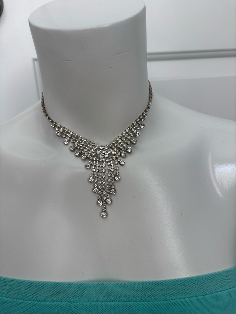 Sparkling Crystal Fringe Necklace - Silver Tone. Sold in set w/ pair earrings